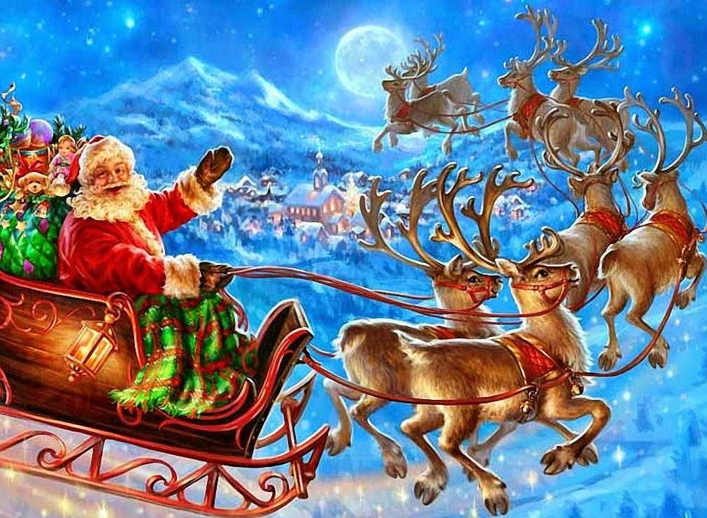 Дед Мороз на санях с подарками. онлайн-пазл