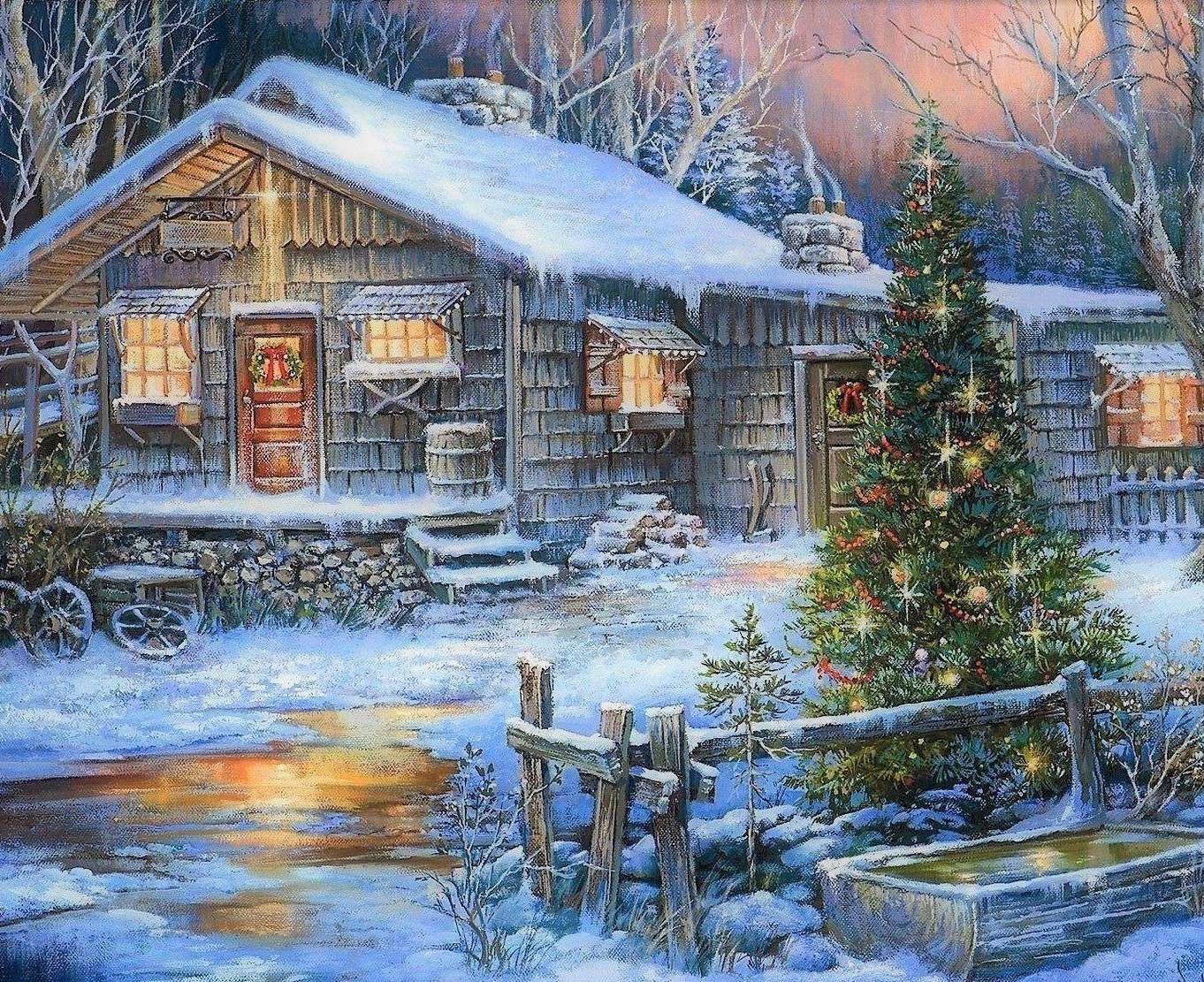 Wooden cottage on Christmas day online puzzle