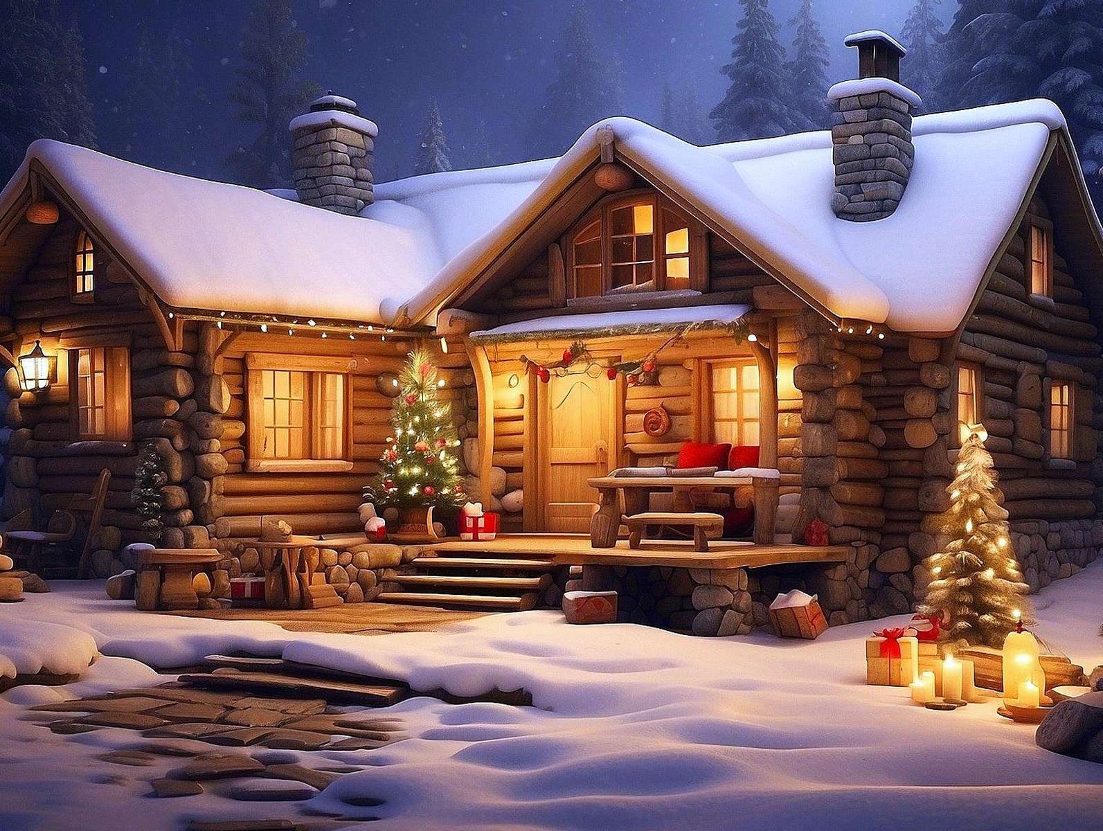 Acogedora casa con decoración navideña. rompecabezas en línea