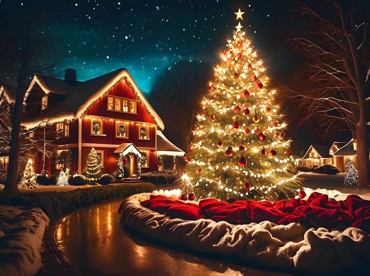Vánoční strom na ostrově v krásně zdobené vesnici skládačky online