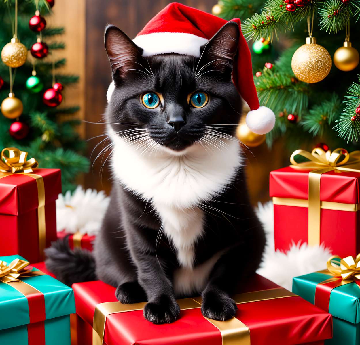 Een kat tussen pakjes met cadeautjes legpuzzel online