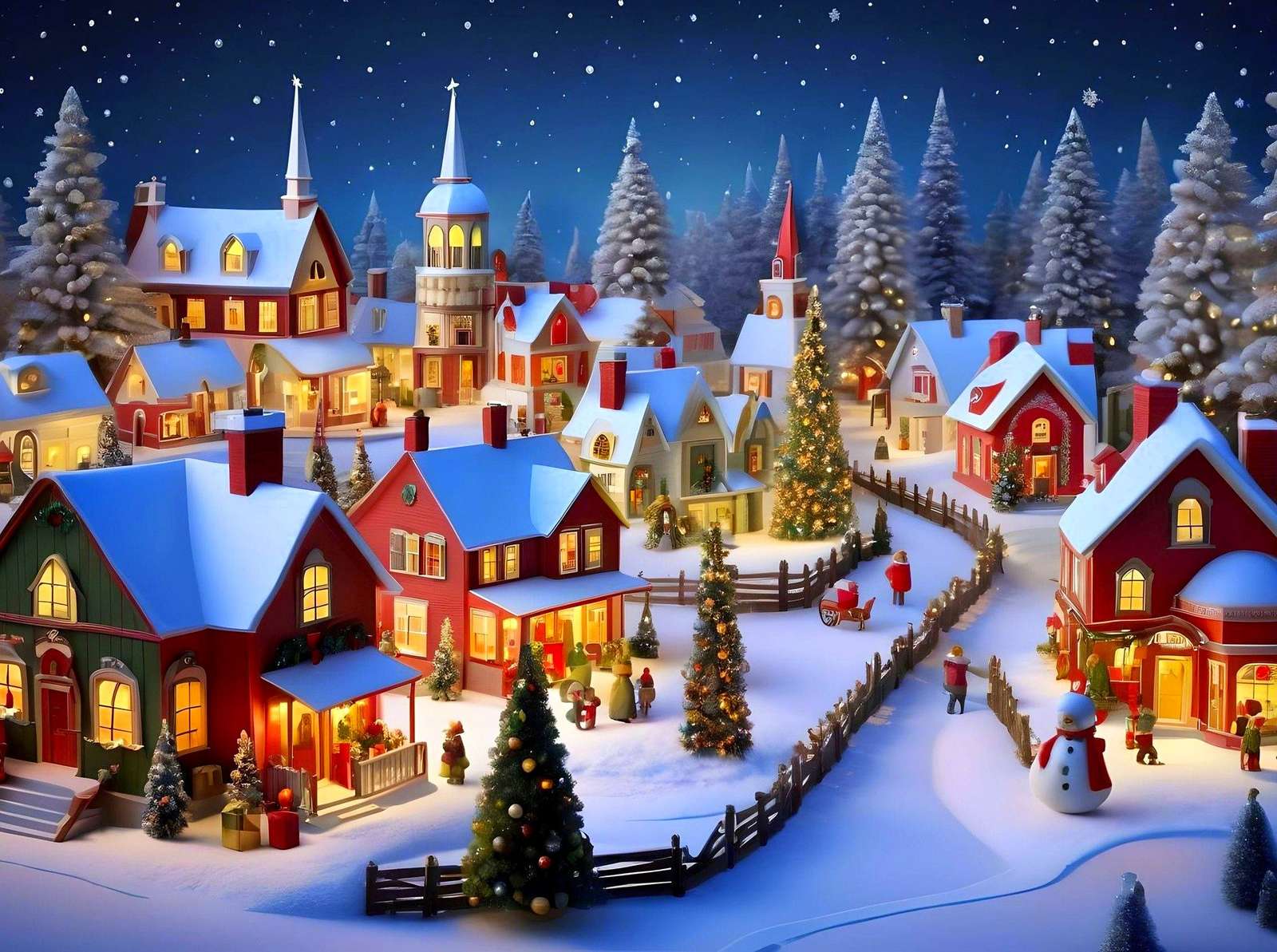 Μια χιονισμένη πόλη σε χριστουγεννιάτικες διακοσμήσεις online παζλ