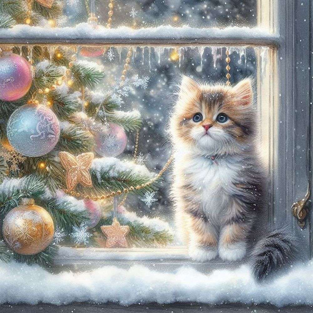 Χαριτωμένο γατάκι στο χειμερινό παράθυρο online παζλ