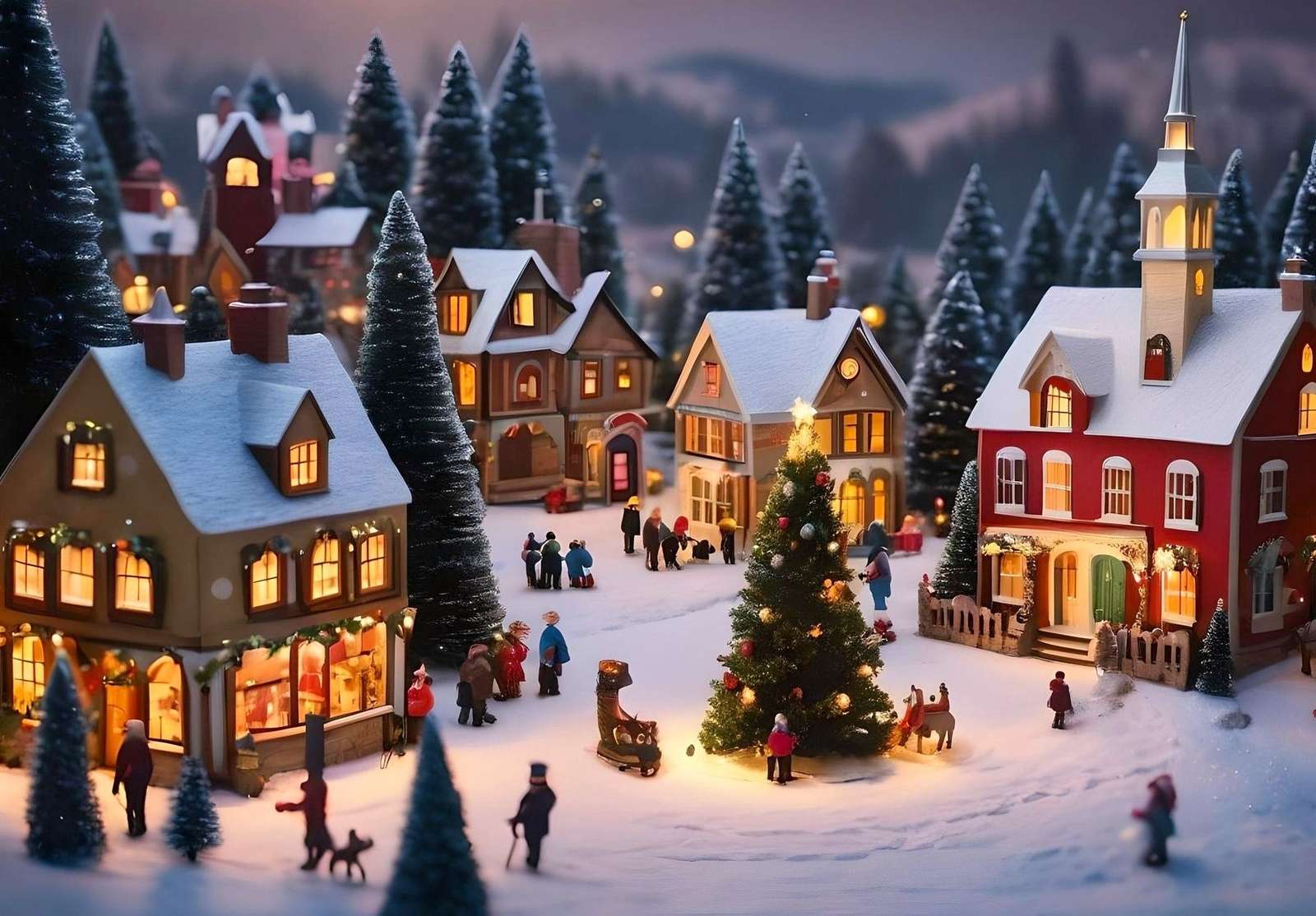 Kerstboom op het sprookjesachtige stadsplein legpuzzel online
