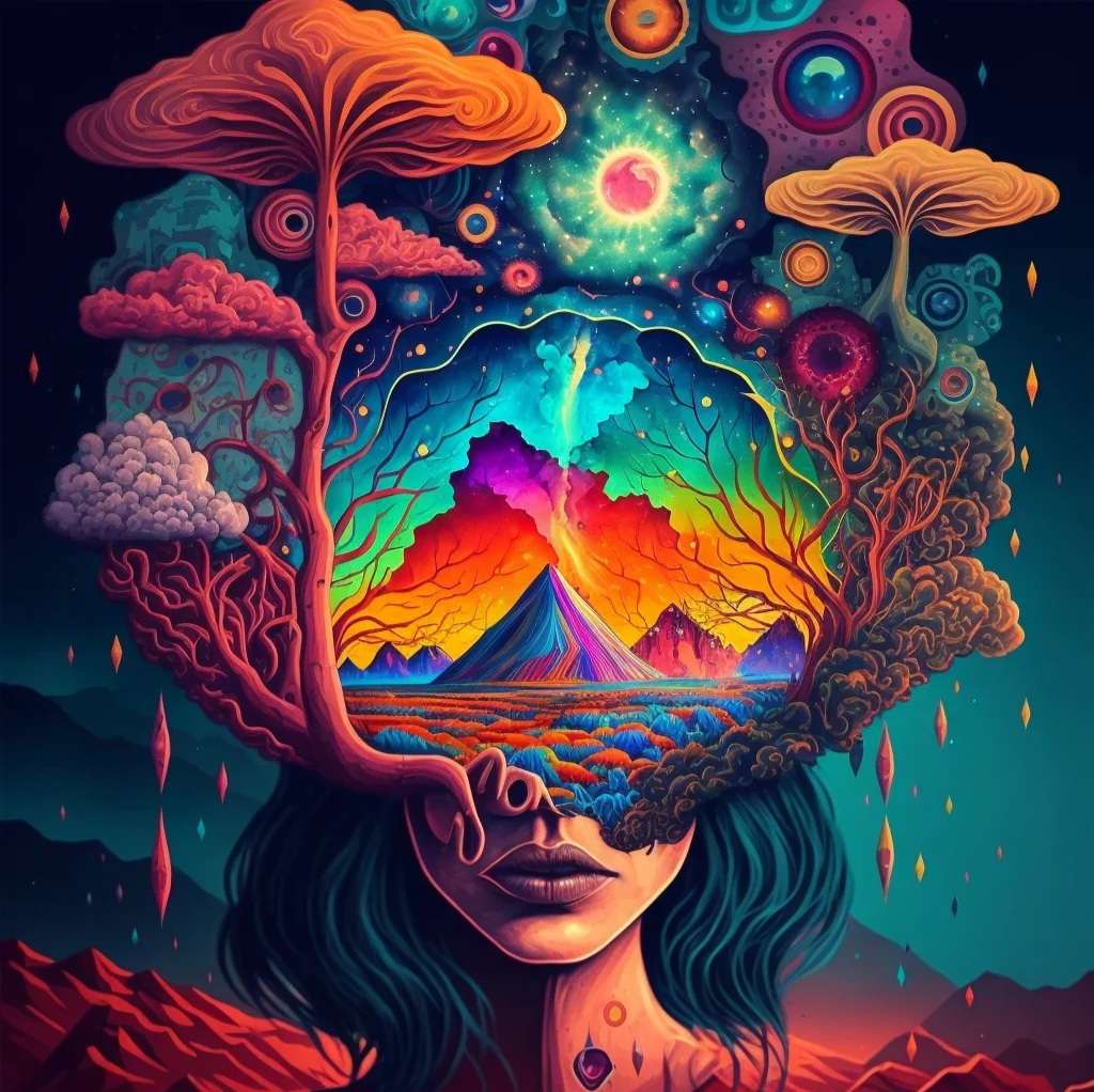 Psychedelic face and mountain online puzzle