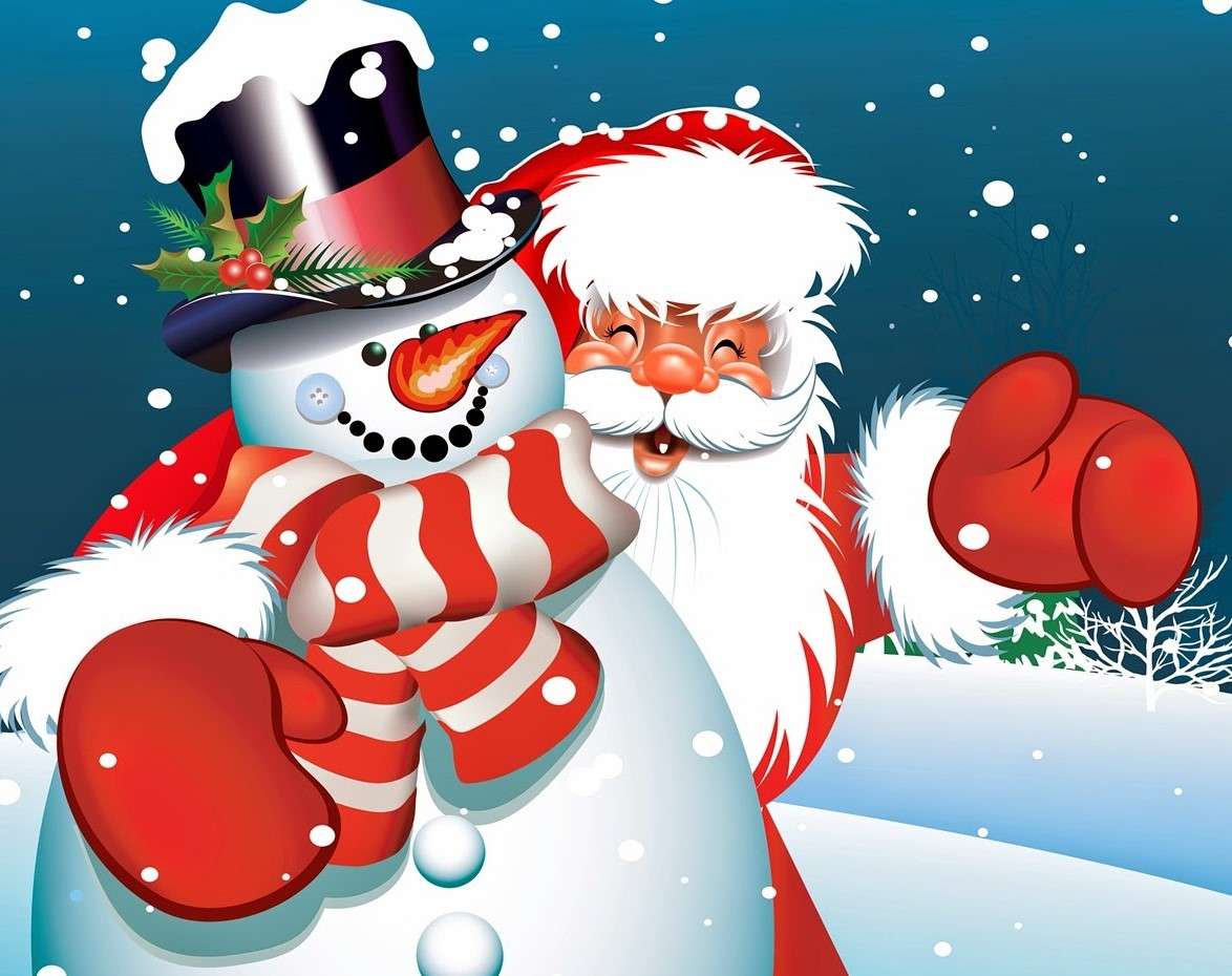 Alegre Papai Noel com um boneco de neve puzzle online