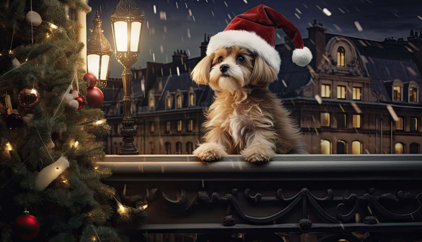 Un chien avec un chapeau de Père Noël à côté d'une lanterne et d'un arbre de Noël puzzle en ligne