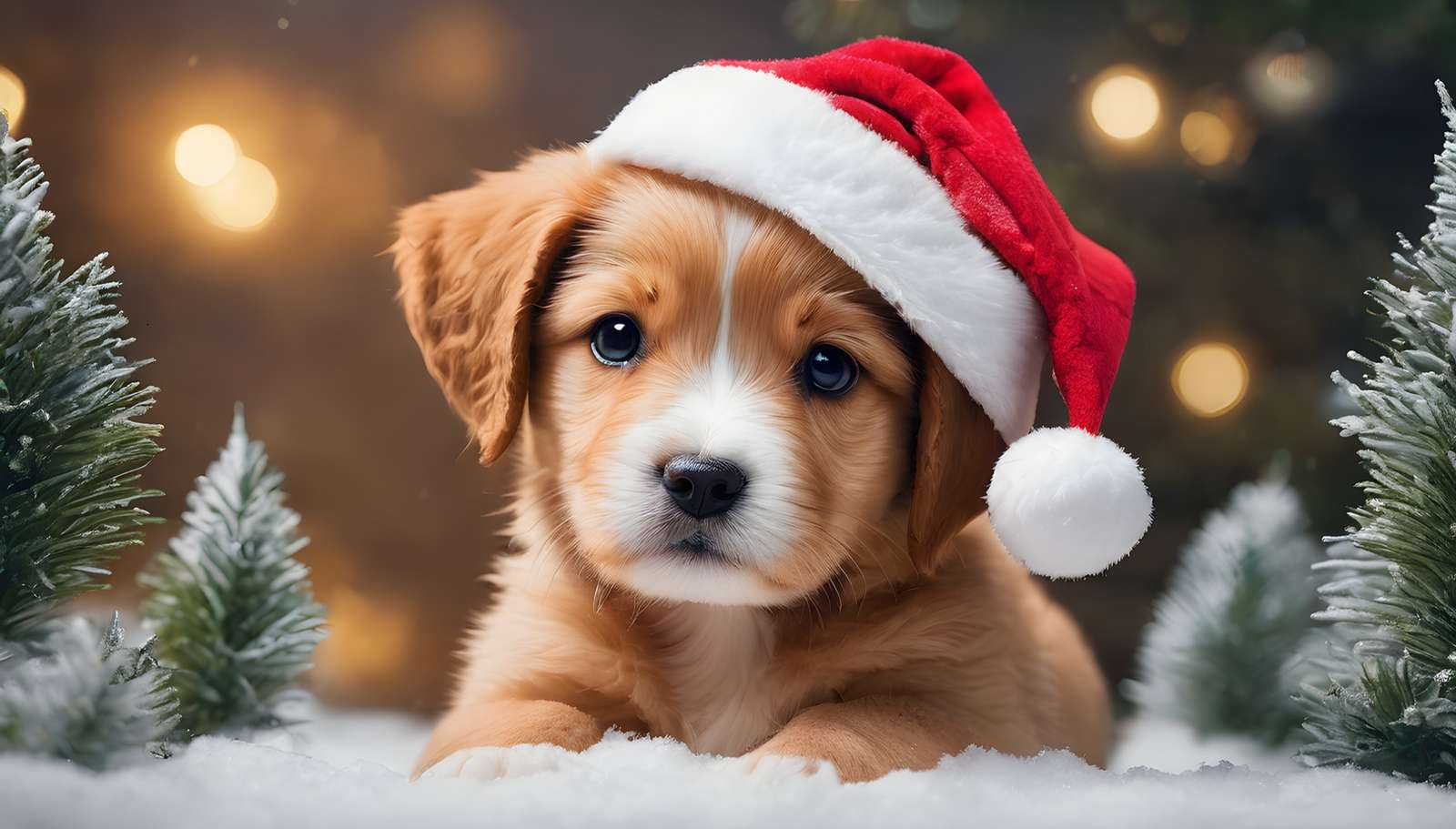 サンタ帽子をかぶった子犬 ジグソーパズルオンライン