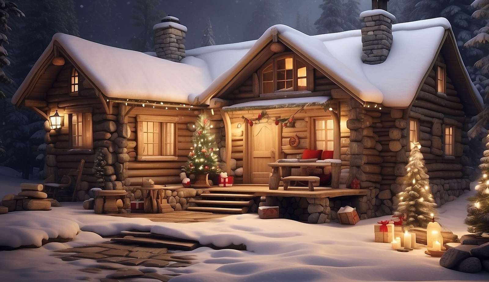 Φωτισμένο ξύλινο εξοχικό σπίτι και χριστουγεννιάτικα δέντρα online παζλ
