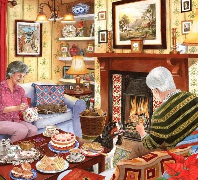 Bunici lângă șemineu jigsaw puzzle online