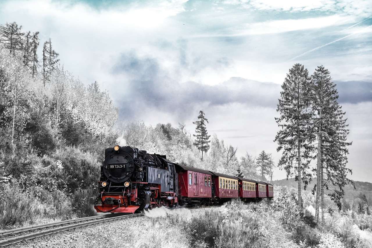 Влак на фона на зимен пейзаж онлайн пъзел