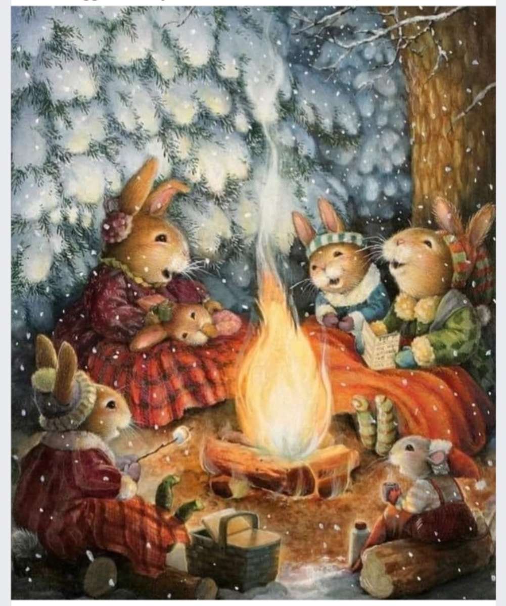 Conigli accanto al fuoco. puzzle online