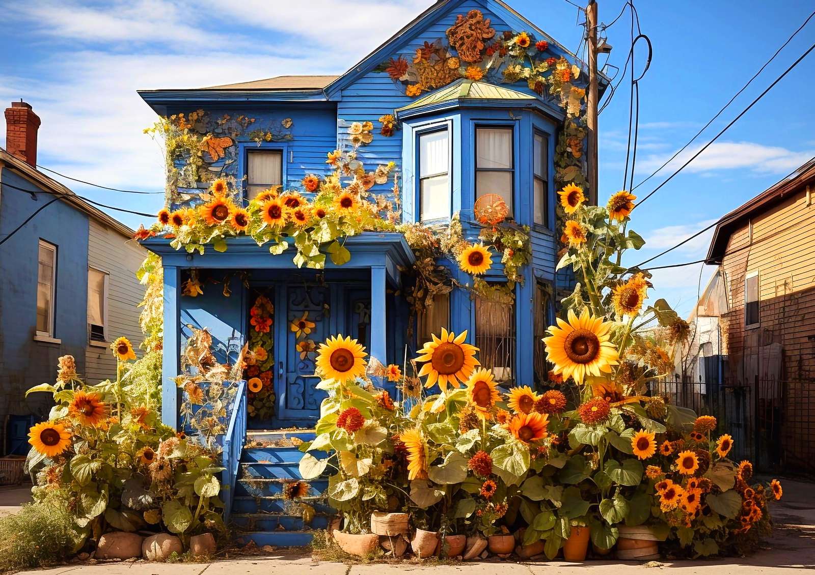 Huis tussen zonnebloemen legpuzzel online