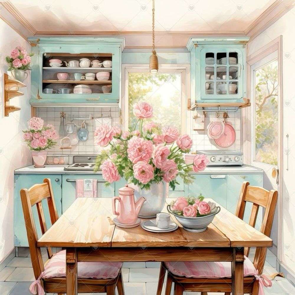 Roze-blauwe keuken legpuzzel online