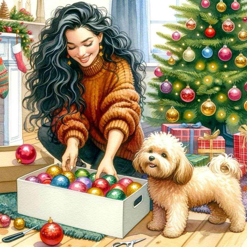 Lány díszíti a karácsonyfát online puzzle