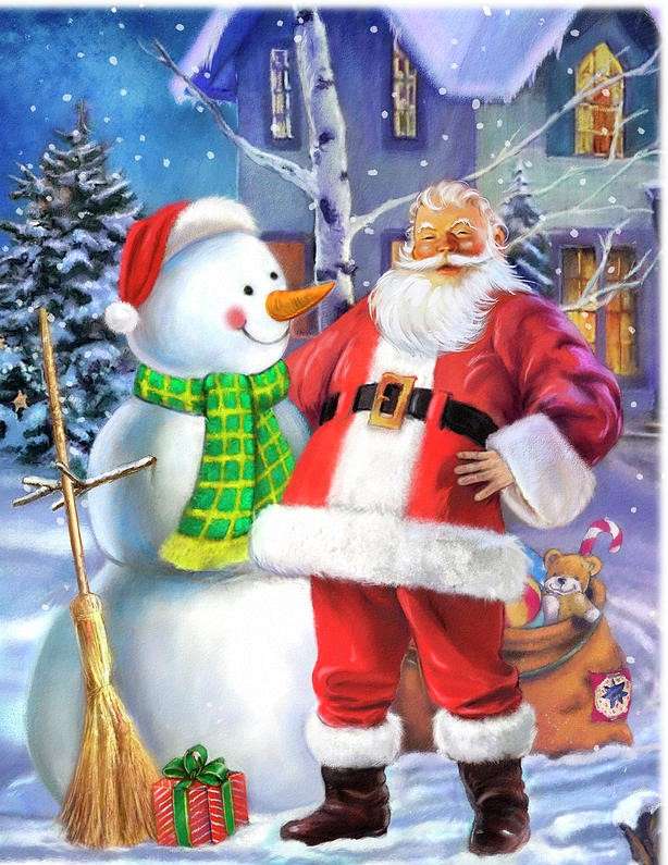 Babbo Natale allegro con un pupazzo di neve puzzle online