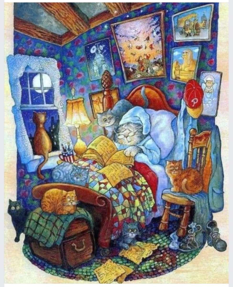 Oma schläft mit den Katzen Online-Puzzle