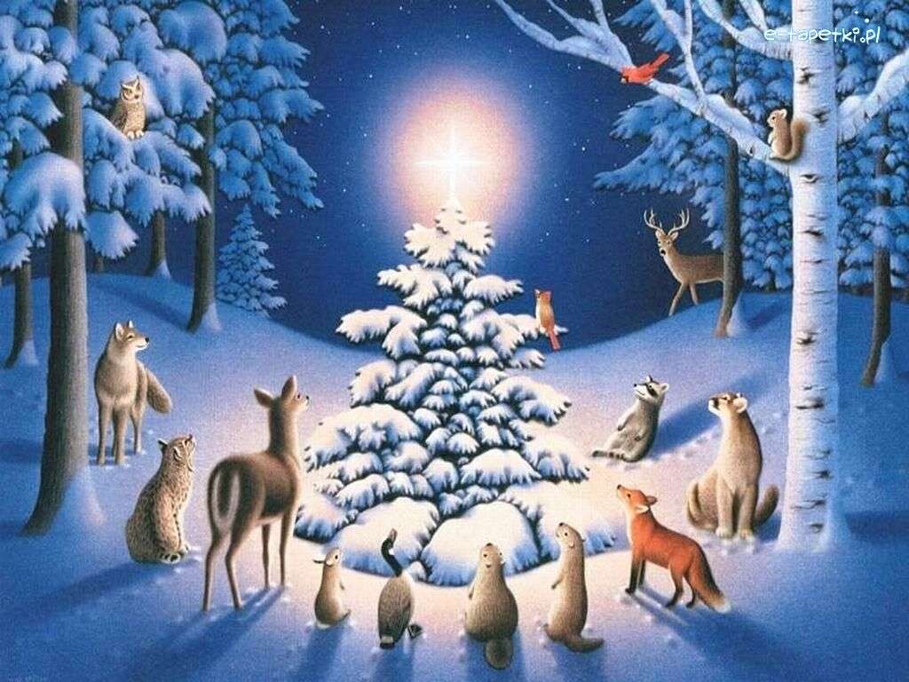 Animali nella foresta vicino all'albero di Natale puzzle online