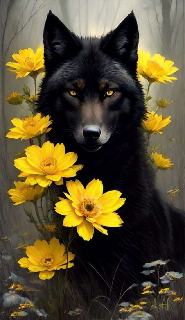 black Wolfe yellow flowers jigsaw puzzle online