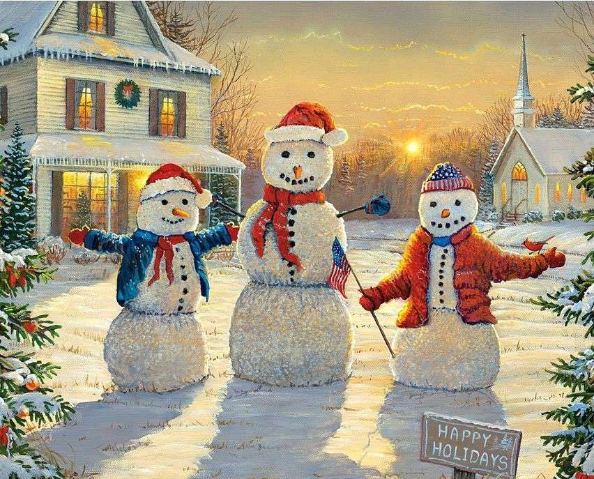 Снежни човеци пред къщата онлайн пъзел