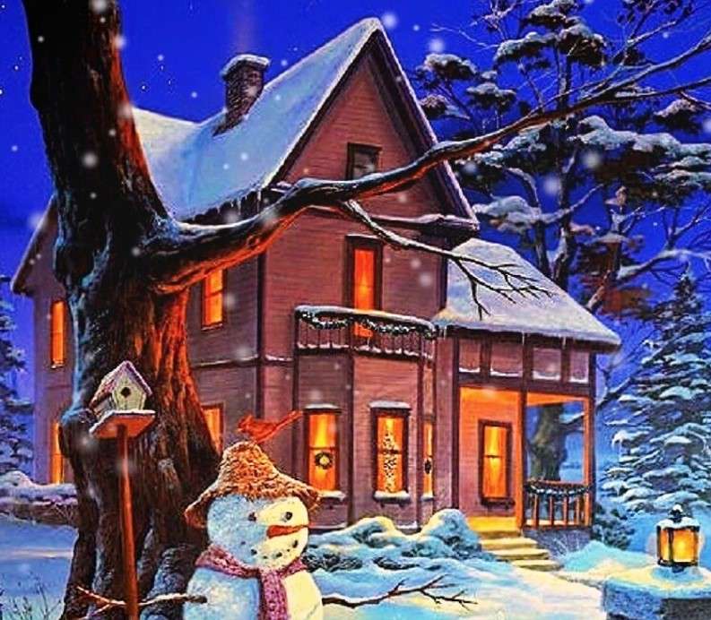 Muñeco de nieve frente a la casa. rompecabezas en línea