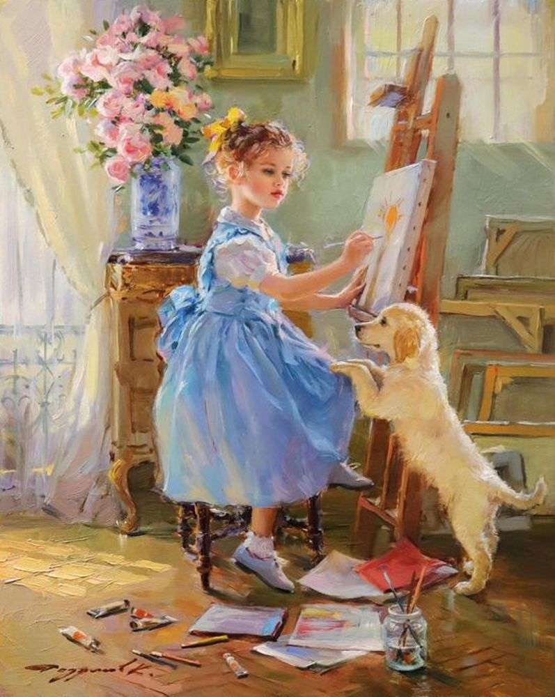 Young Girl Painting with a Puppy online puzzle