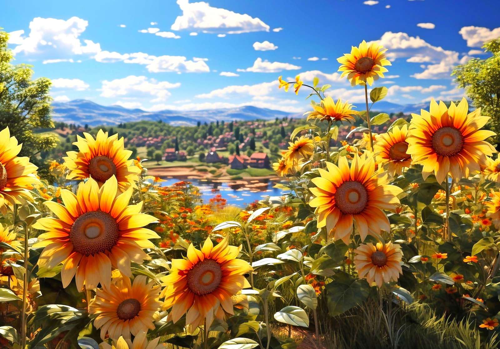 Пейзаж със слънчогледи онлайн пъзел