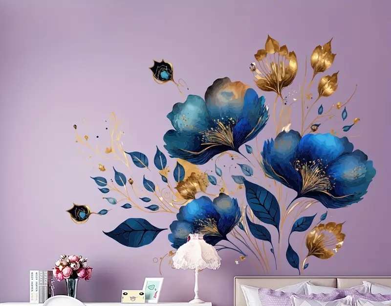 Autokollant väggmålning - fleurs bleues et dorées Pussel online