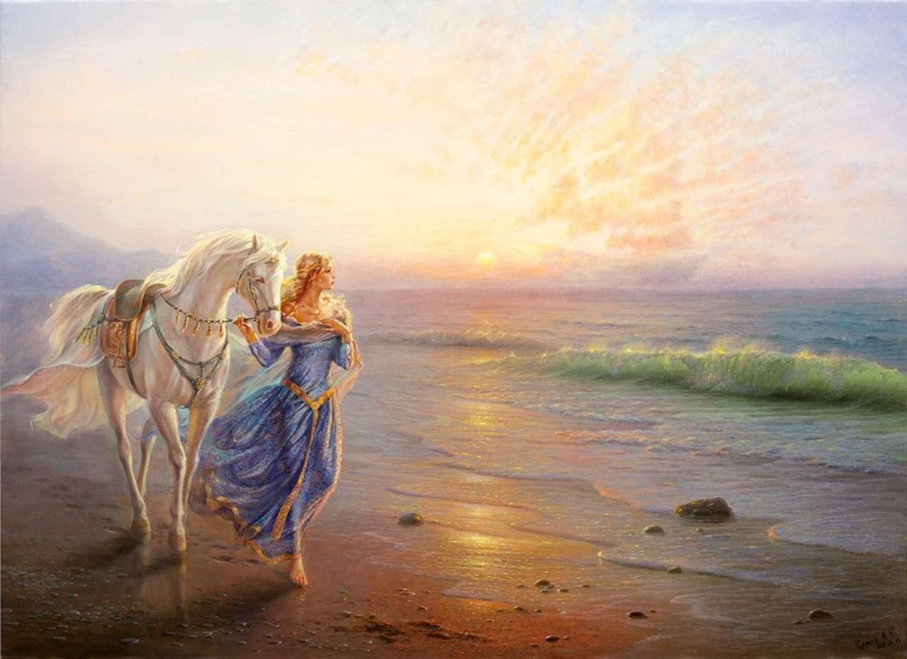 Lady Godiva et son cheval en bord de mer παζλ online