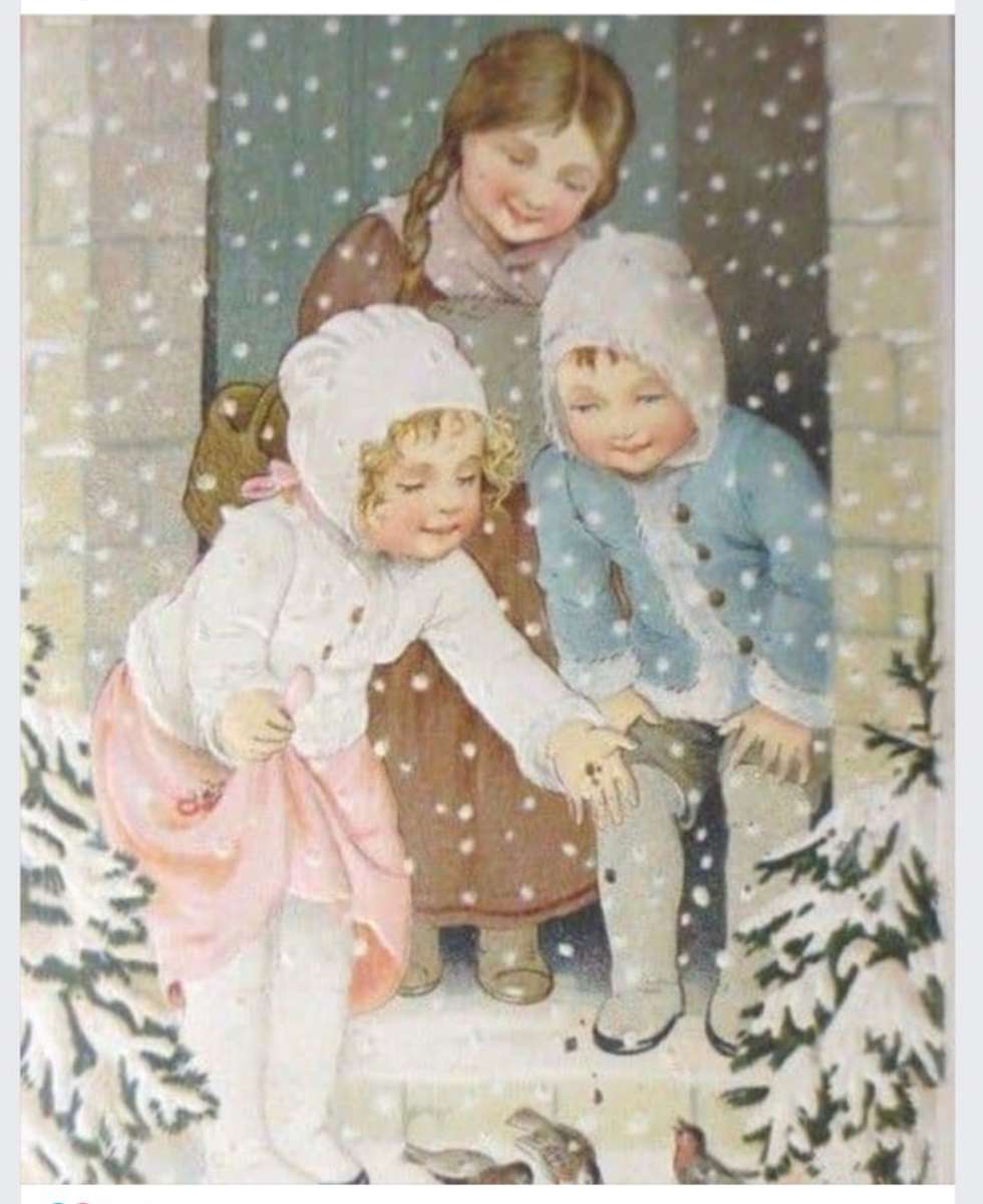 Tre barn njuter av snön pussel på nätet