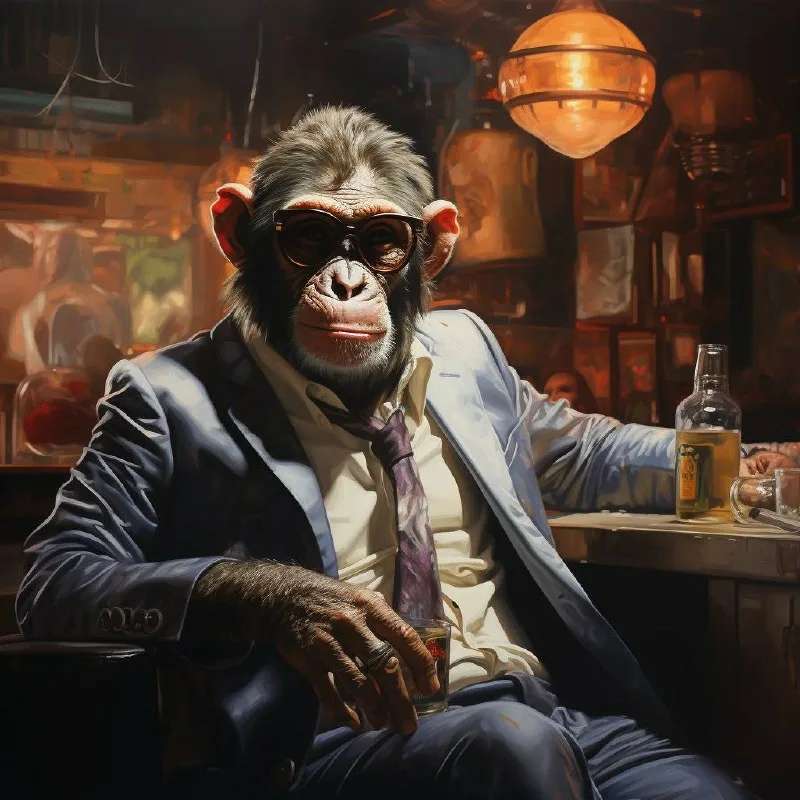 Шимпанзе седи и пие в задимен бар онлайн пъзел