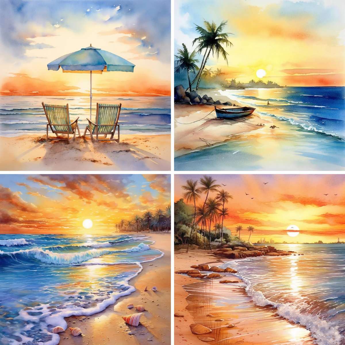Coucher de soleil sur la plage aquarelle puzzle en ligne