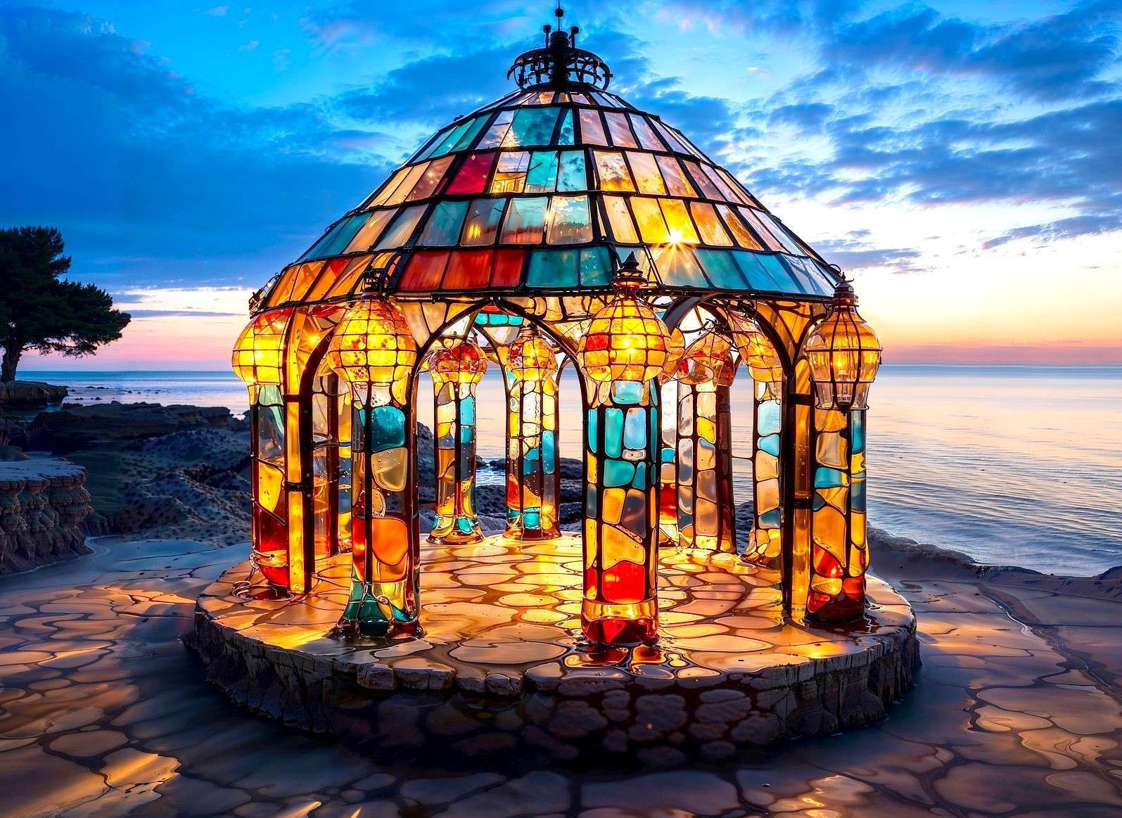 Stained glass gazebo in a seaside resort jigsaw puzzle online