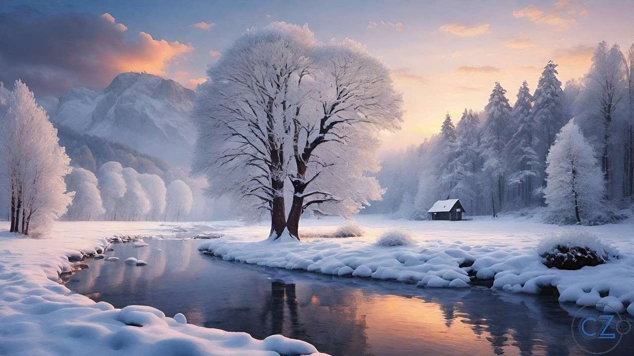 Vinter, flod, hus, snö Pussel online