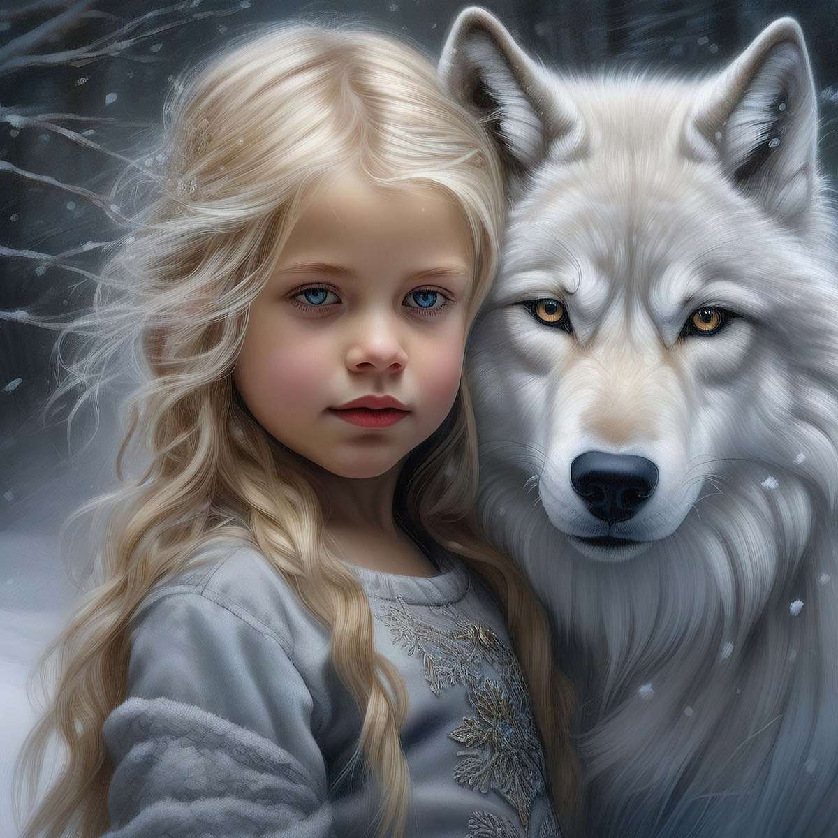Красив вълк с момиче онлайн пъзел