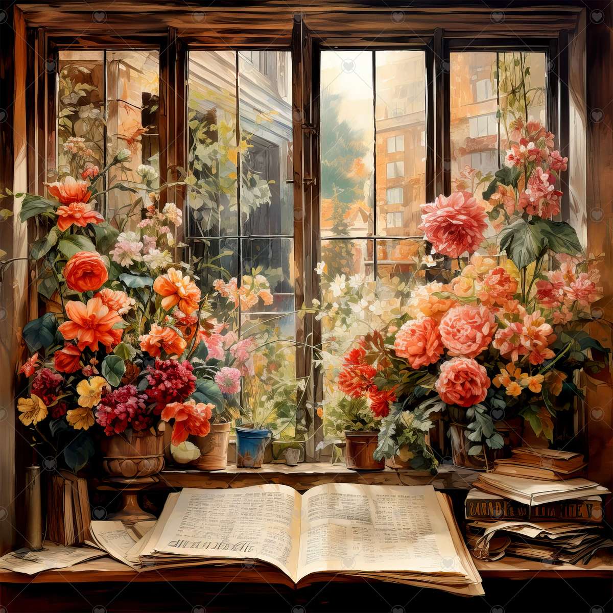 Oud venster met bloemen legpuzzel online