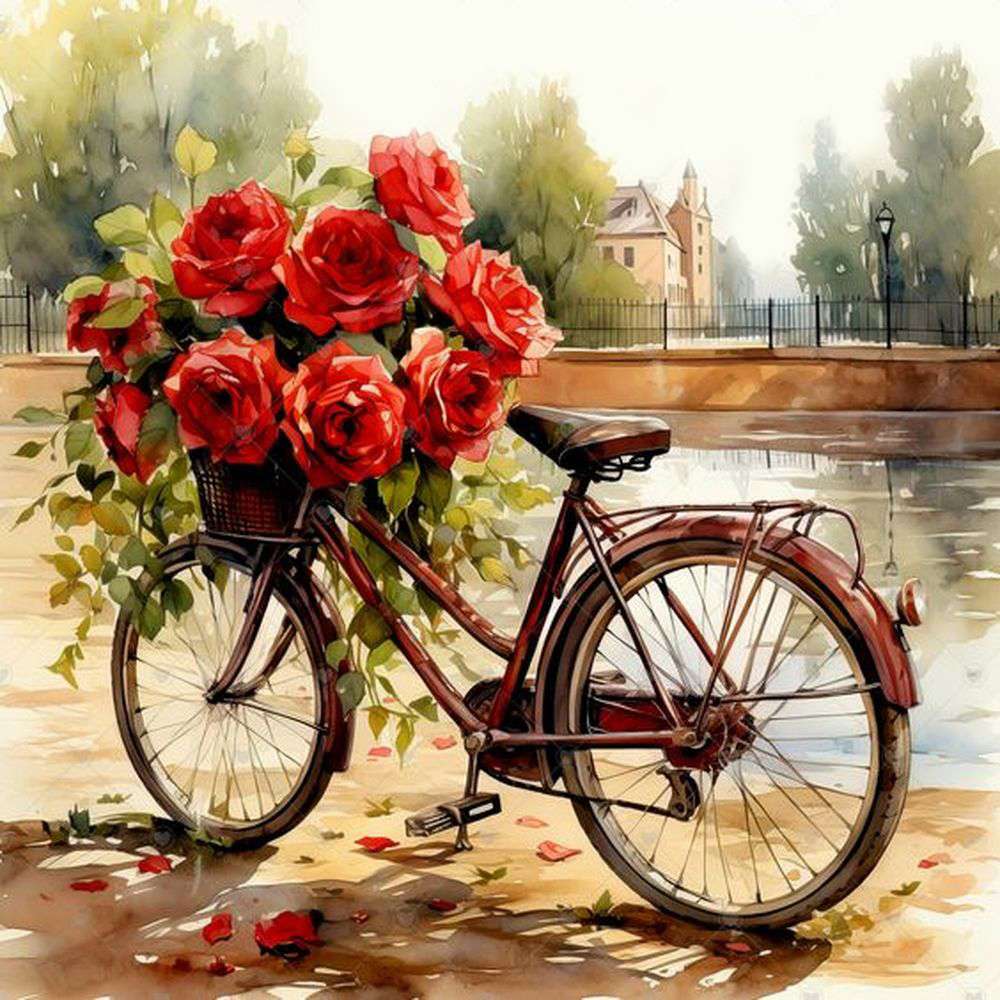 Велосипед с кошница с рози онлайн пъзел