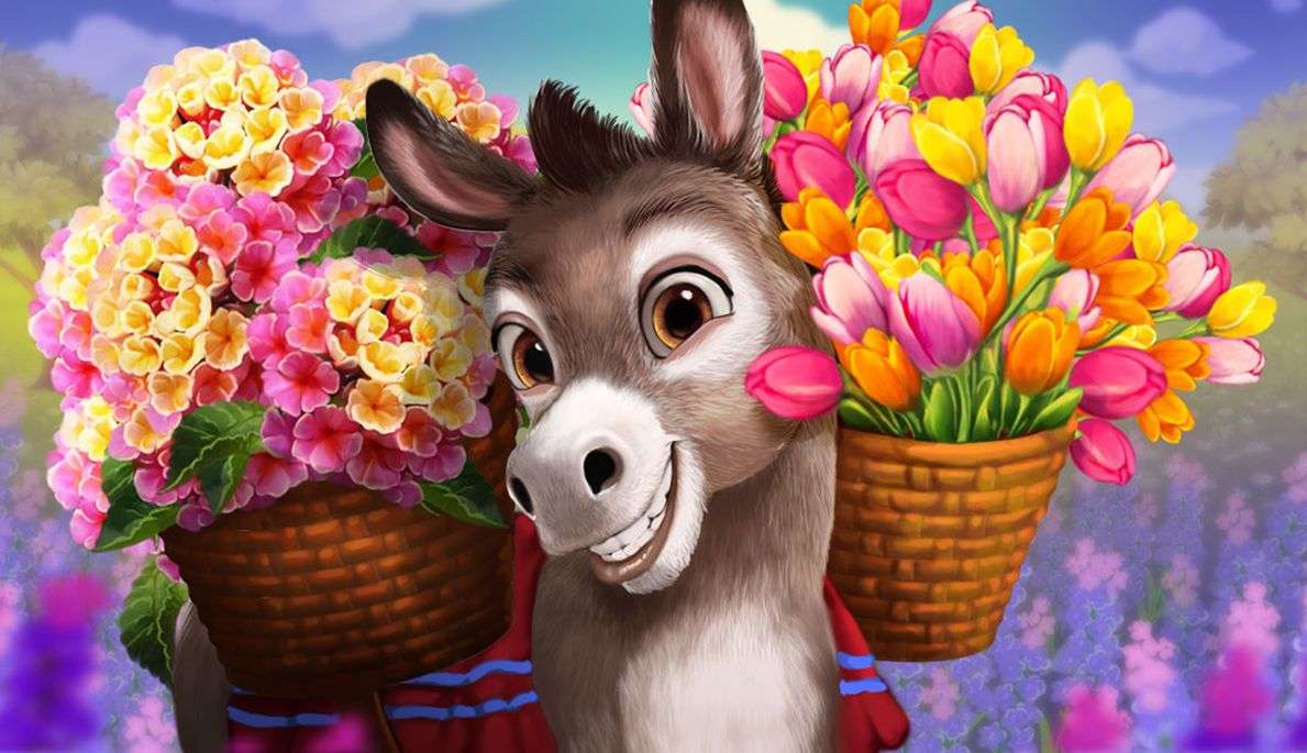 Burro-feliz-com-cesta-de-flores puzzle online