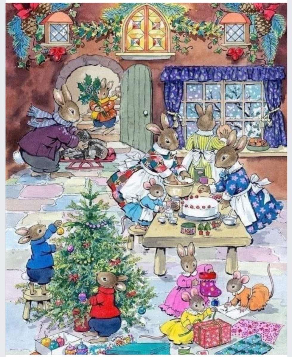 クリスマスの飾り付けをするウサギたち オンラインパズル