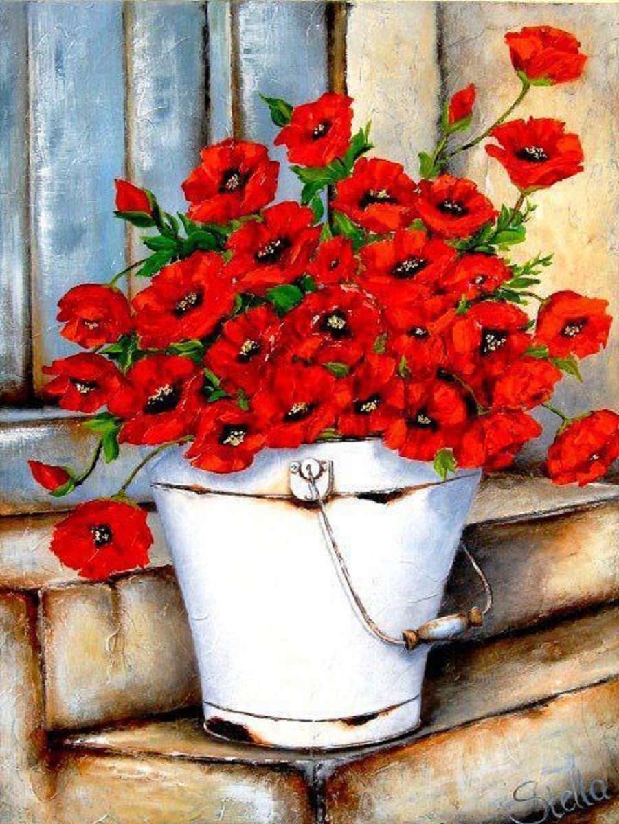 Poppies in a rustic bucket jigsaw puzzle online