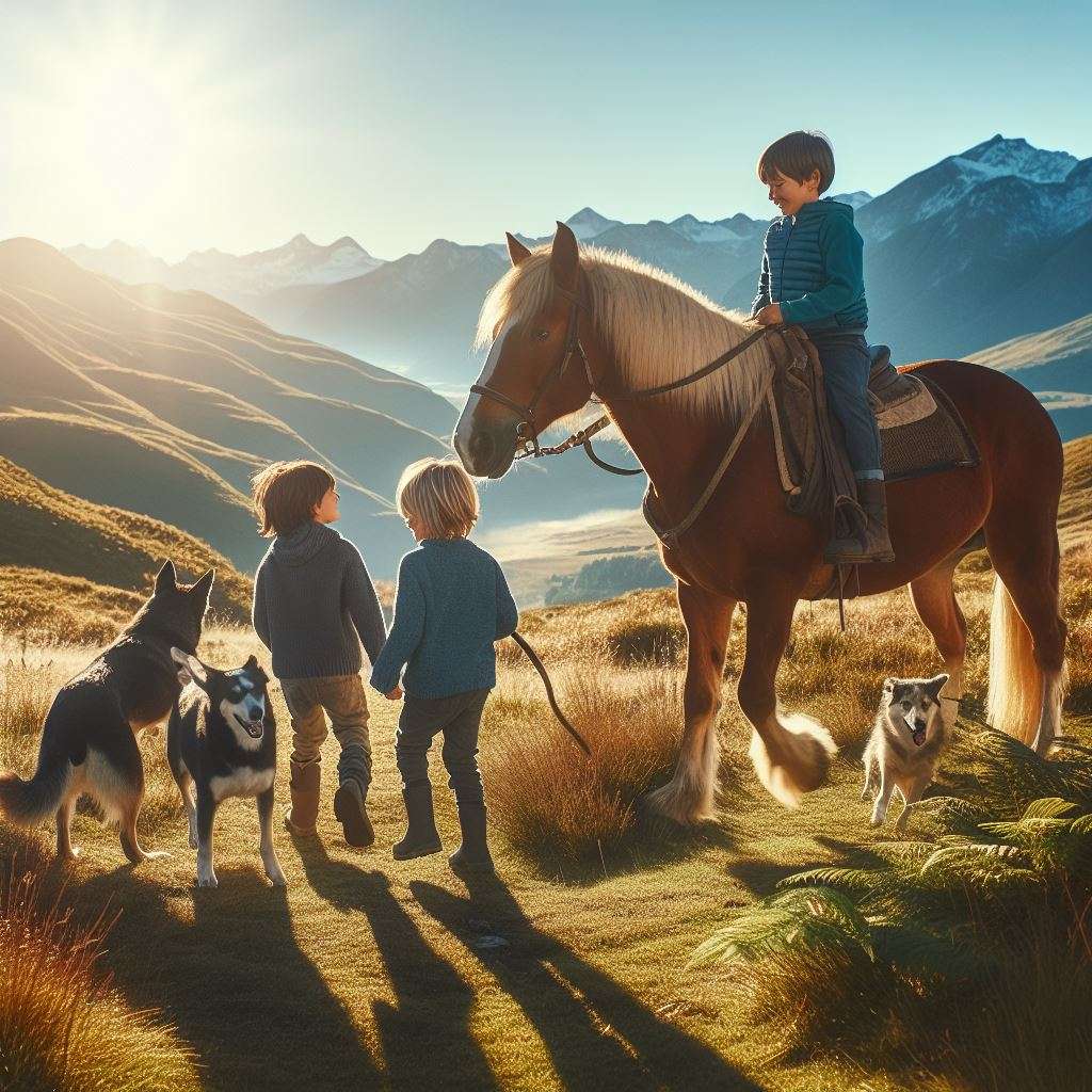 Діти з тваринами в горах онлайн пазл