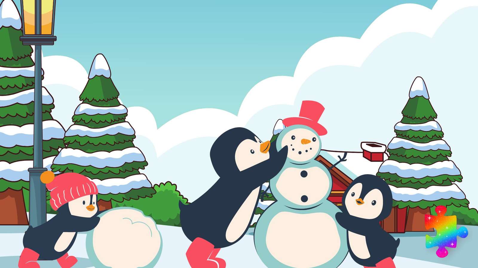 Pingvinek hóembert építenek kirakós online