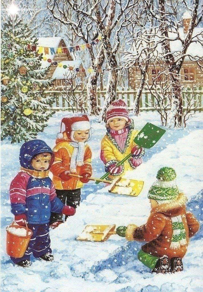 I bambini costruiscono uno scivolo sulla neve puzzle online