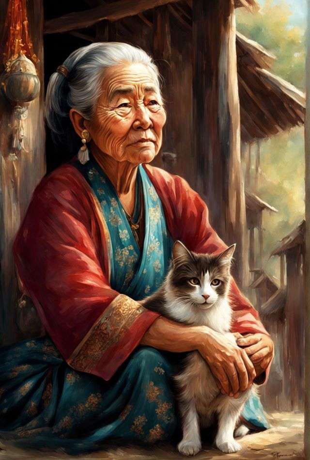 Anciana asiática con su gato rompecabezas en línea