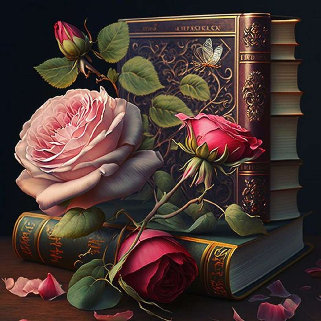 Книги і троянди пазл онлайн
