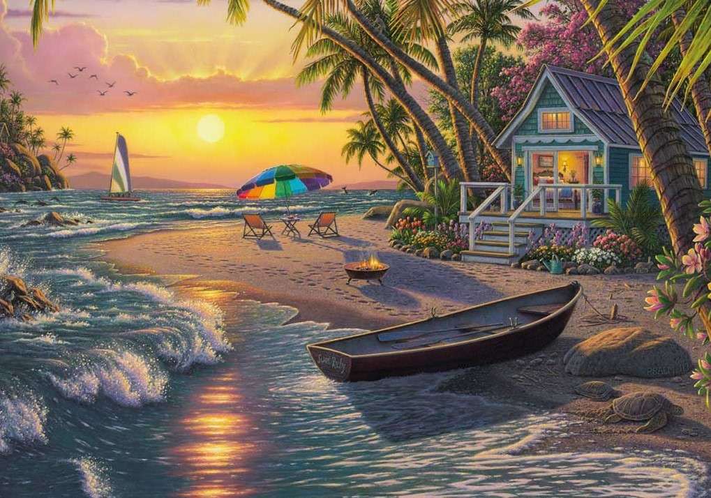 Strandhaus und Sonnenuntergang Online-Puzzle