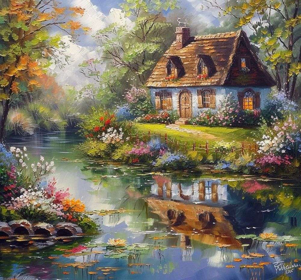A cottage next to a water online puzzle