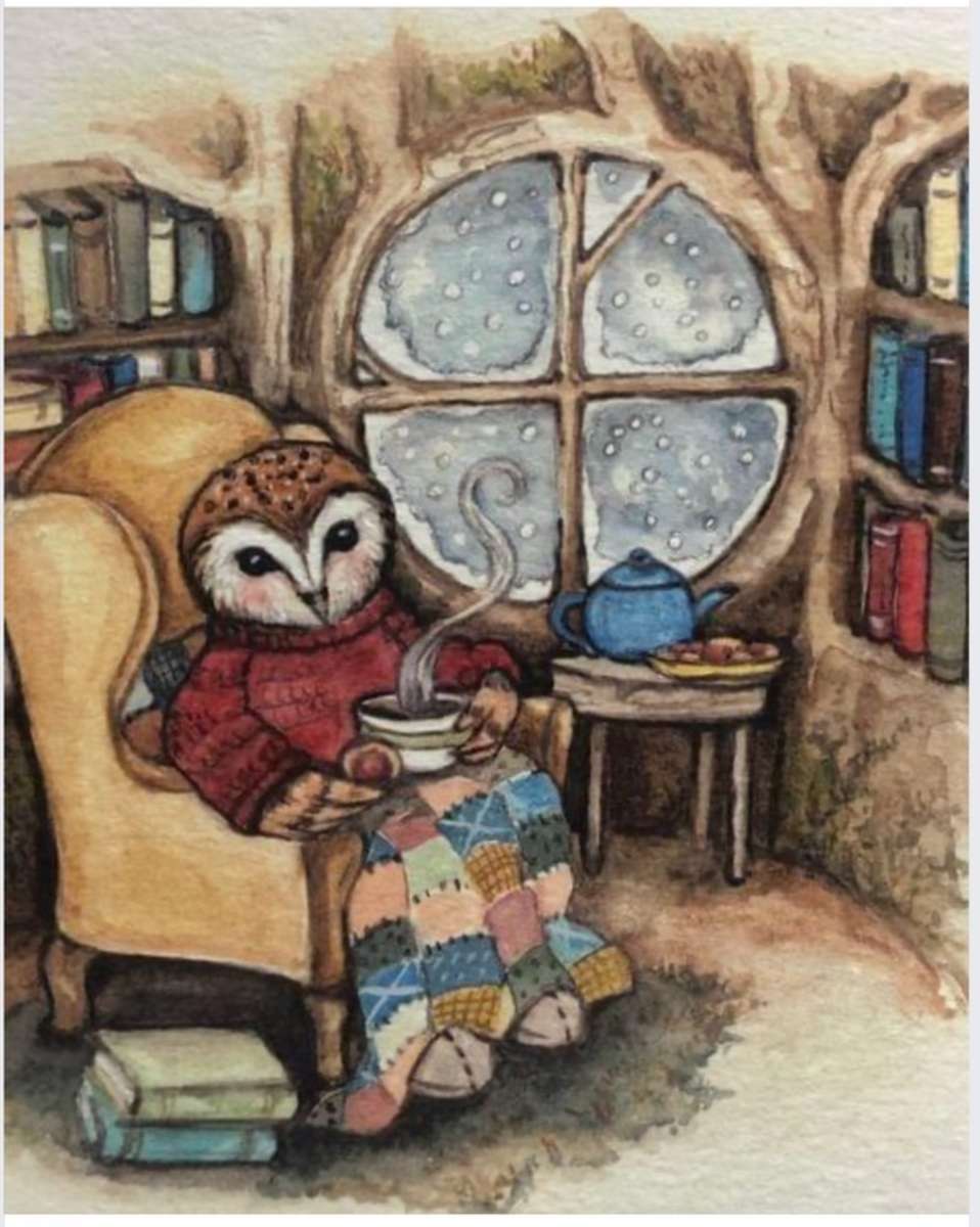 Chouette se détendant à la maison avec du thé et des biscuits puzzle en ligne