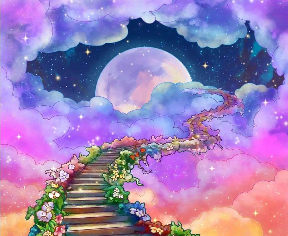 escalier vers le ciel, nuages ​​colorés et lune puzzle en ligne