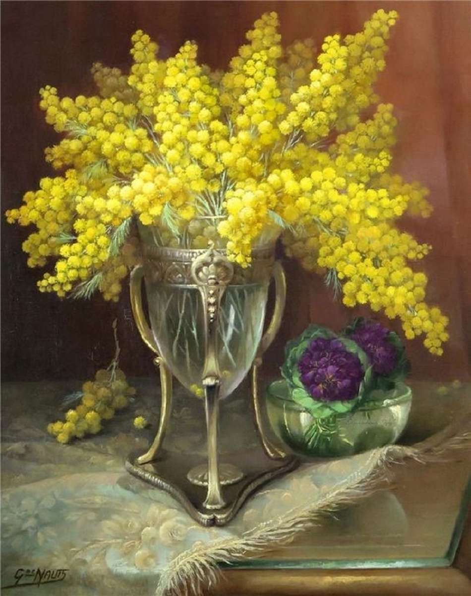 Vase en verre avec de jolis mimosas puzzle en ligne